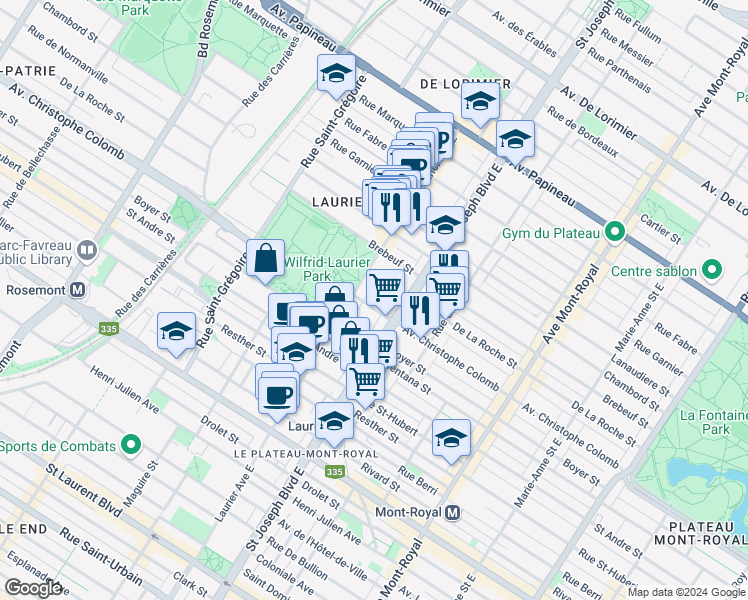 map of restaurants, bars, coffee shops, grocery stores, and more near 5065 Avenue Christophe Colomb in Montréal