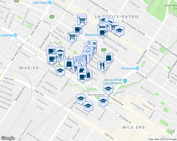 map of restaurants, bars, coffee shops, grocery stores, and more near 6424 Avenue Casgrain in Montréal