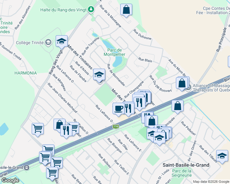map of restaurants, bars, coffee shops, grocery stores, and more near 131 Montée des Trinitaires in Saint-Basile-le-Grand