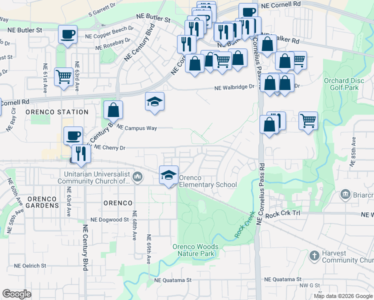 map of restaurants, bars, coffee shops, grocery stores, and more near 7170 Northeast Cherry Drive in Hillsboro