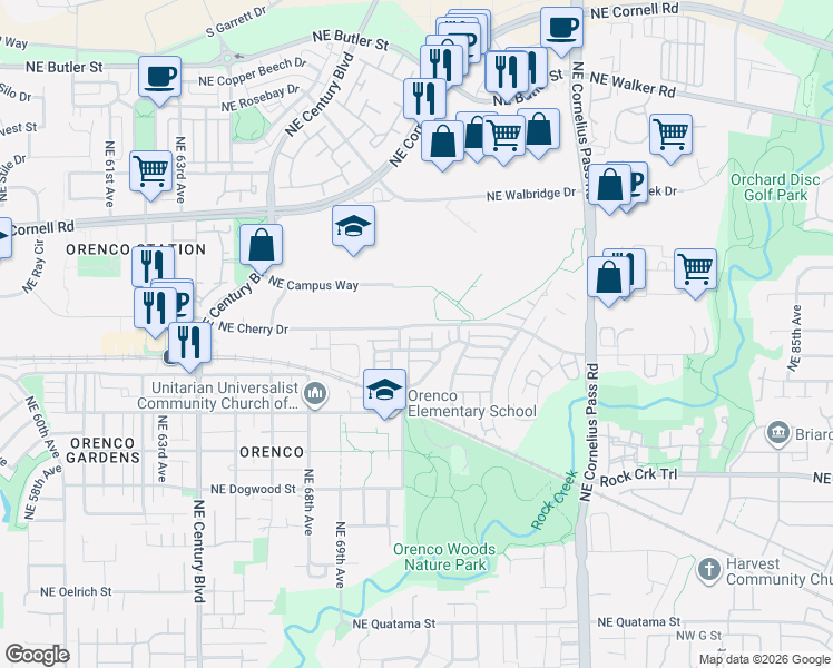 map of restaurants, bars, coffee shops, grocery stores, and more near 7124 Northeast Cherry Drive in Hillsboro