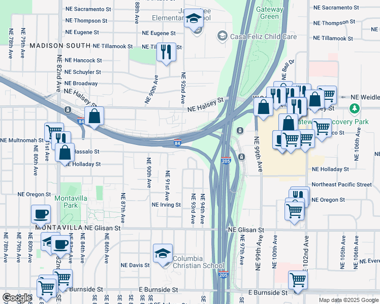 map of restaurants, bars, coffee shops, grocery stores, and more near 9240 Northeast Hassalo Street in Portland