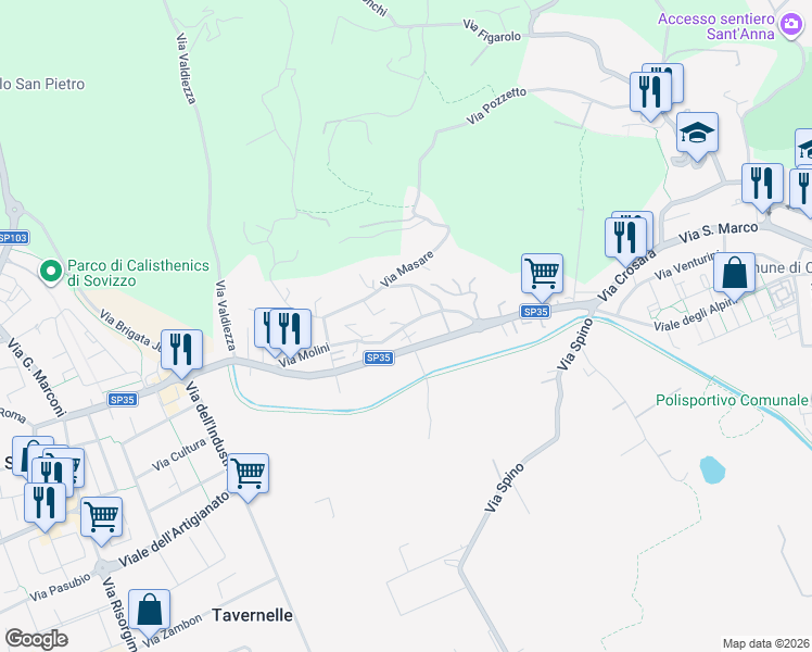 map of restaurants, bars, coffee shops, grocery stores, and more near 82 Via Molini in Creazzo