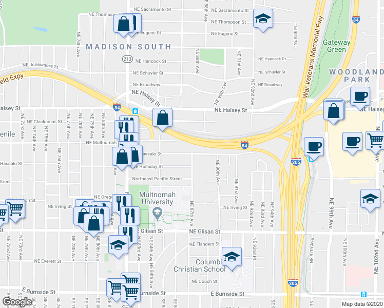 map of restaurants, bars, coffee shops, grocery stores, and more near Northeast Hassalo Street & Northeast 87th Avenue in Portland