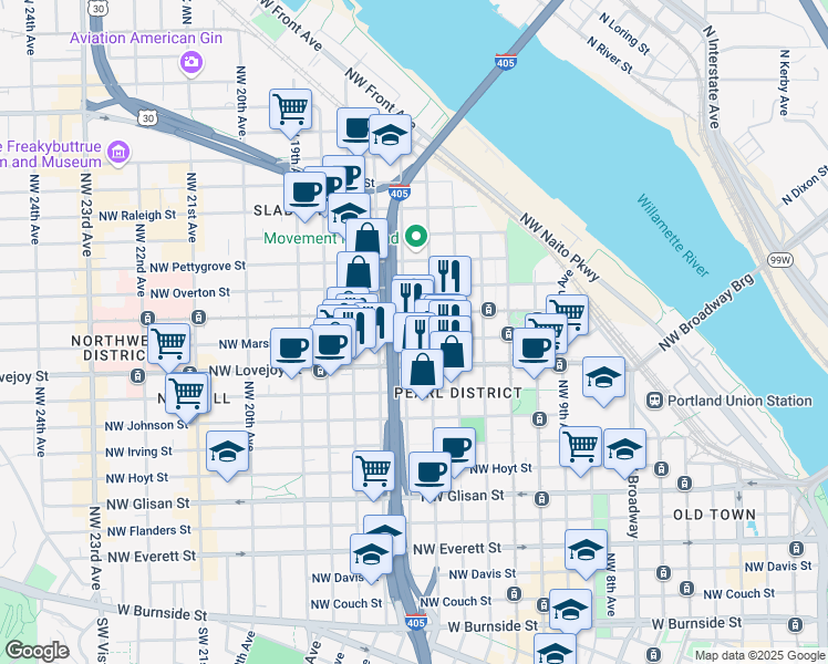 map of restaurants, bars, coffee shops, grocery stores, and more near 1104 Northwest 15th Avenue in Portland