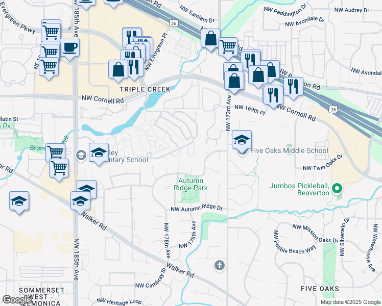 map of restaurants, bars, coffee shops, grocery stores, and more near 1549 Northwest Eastbrook Court in Beaverton