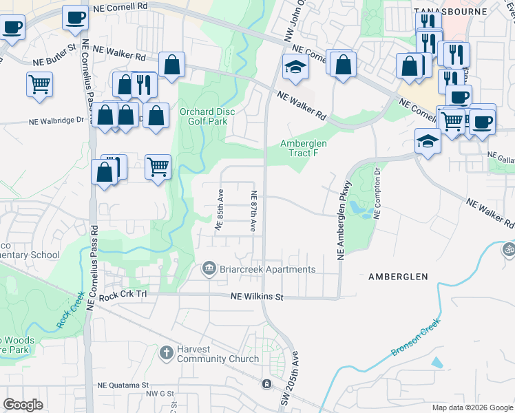 map of restaurants, bars, coffee shops, grocery stores, and more near 1560 Northeast 87th Avenue in Hillsboro
