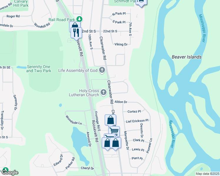 map of restaurants, bars, coffee shops, grocery stores, and more near 2523 Clearwater Road in Saint Cloud