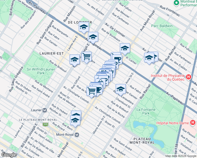 map of restaurants, bars, coffee shops, grocery stores, and more near 4571 Rue de Lanaudière in Montréal