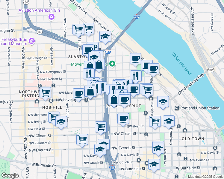 map of restaurants, bars, coffee shops, grocery stores, and more near 1104 Northwest 15th Avenue in Portland