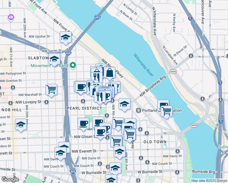 map of restaurants, bars, coffee shops, grocery stores, and more near 1150 Northwest 9th Avenue in Portland