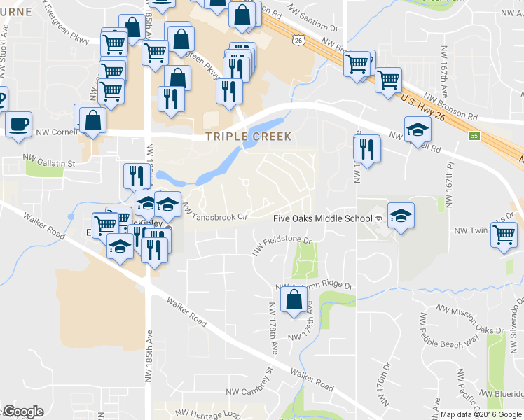 map of restaurants, bars, coffee shops, grocery stores, and more near 17820 Northwest Lakeway Court in Beaverton