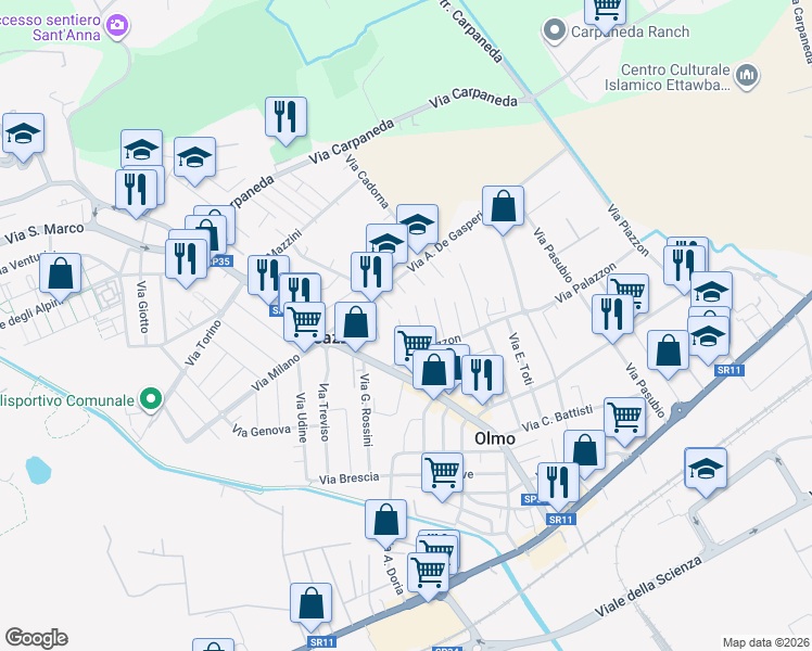 map of restaurants, bars, coffee shops, grocery stores, and more near 10 Via T. Dal Molin in Creazzo
