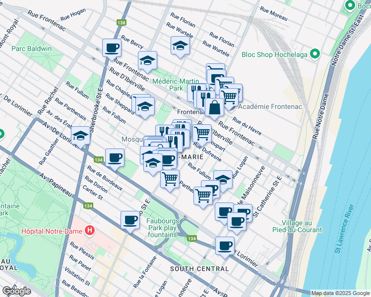 map of restaurants, bars, coffee shops, grocery stores, and more near 2348 Rue Ontario Est in Montréal