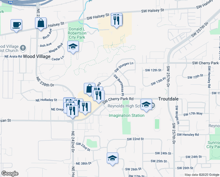 map of restaurants, bars, coffee shops, grocery stores, and more near 2078 Southwest Daybreak Way in Troutdale