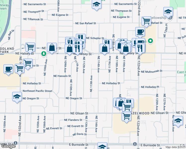 map of restaurants, bars, coffee shops, grocery stores, and more near 1122 Northeast 113th Place in Portland