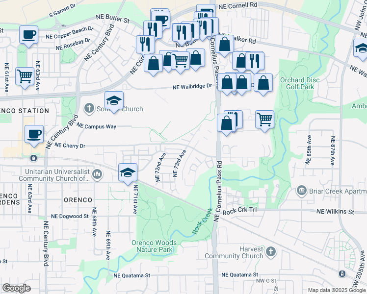 map of restaurants, bars, coffee shops, grocery stores, and more near 7396 Northeast Cherry Drive in Hillsboro