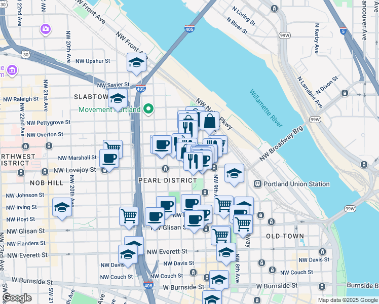 map of restaurants, bars, coffee shops, grocery stores, and more near in Portland