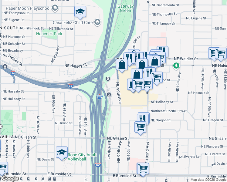 map of restaurants, bars, coffee shops, grocery stores, and more near 1111 Northeast 99th Avenue in Portland