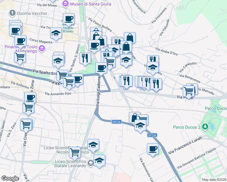 map of restaurants, bars, coffee shops, grocery stores, and more near 26 Viale Duca D'Aosta in Brescia