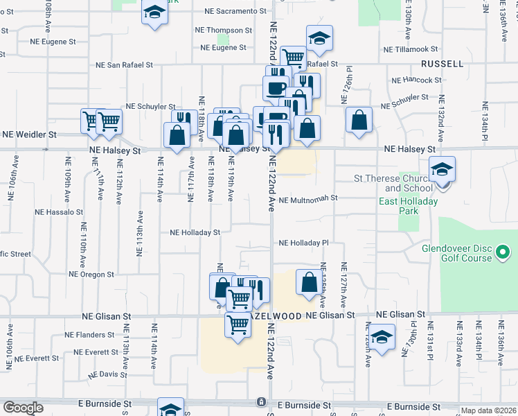 map of restaurants, bars, coffee shops, grocery stores, and more near 1111 Northeast 122nd Avenue in Portland