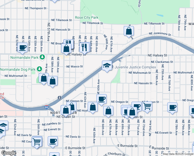 map of restaurants, bars, coffee shops, grocery stores, and more near 1169 Northeast 65th Avenue in Portland