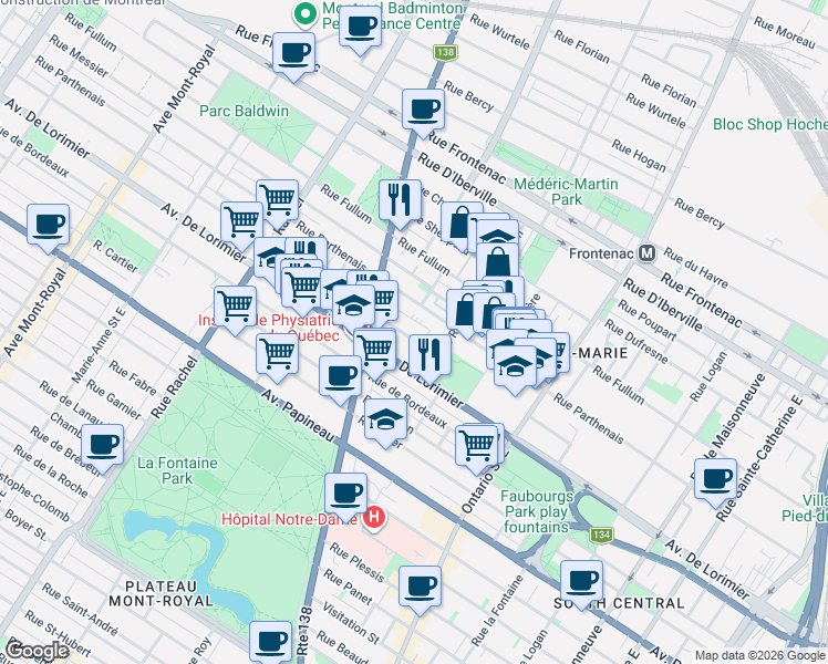 map of restaurants, bars, coffee shops, grocery stores, and more near 2339 Avenue des Érables in Montréal