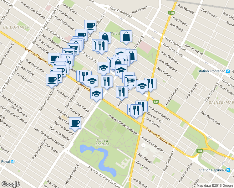 map of restaurants, bars, coffee shops, grocery stores, and more near 4050 Rue Dorion in Montréal