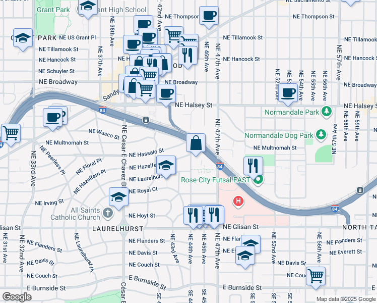 map of restaurants, bars, coffee shops, grocery stores, and more near 4367 Northeast Hazelfern Place in Portland