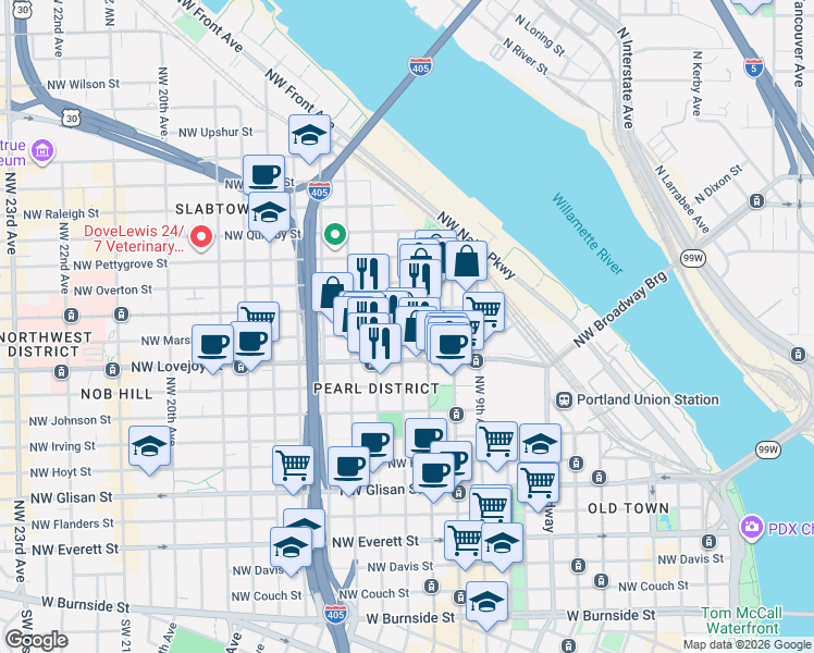 map of restaurants, bars, coffee shops, grocery stores, and more near 1120 Northwest Northrup Street in Portland