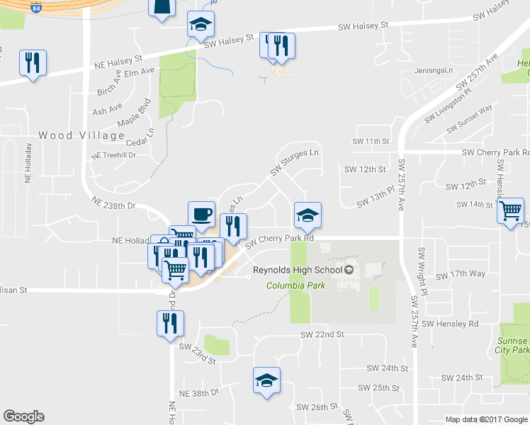 map of restaurants, bars, coffee shops, grocery stores, and more near 2078 Southwest Daybreak Way in Troutdale