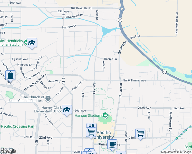 map of restaurants, bars, coffee shops, grocery stores, and more near 2937 Main Street in Forest Grove