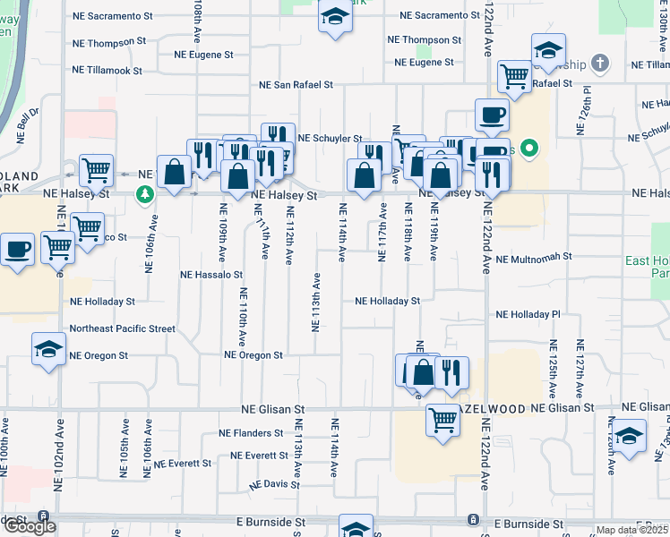 map of restaurants, bars, coffee shops, grocery stores, and more near 1122 Northeast 113th Place in Portland