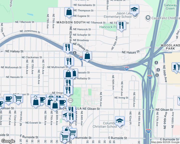 map of restaurants, bars, coffee shops, grocery stores, and more near 8506 Northeast Hassalo Street in Portland