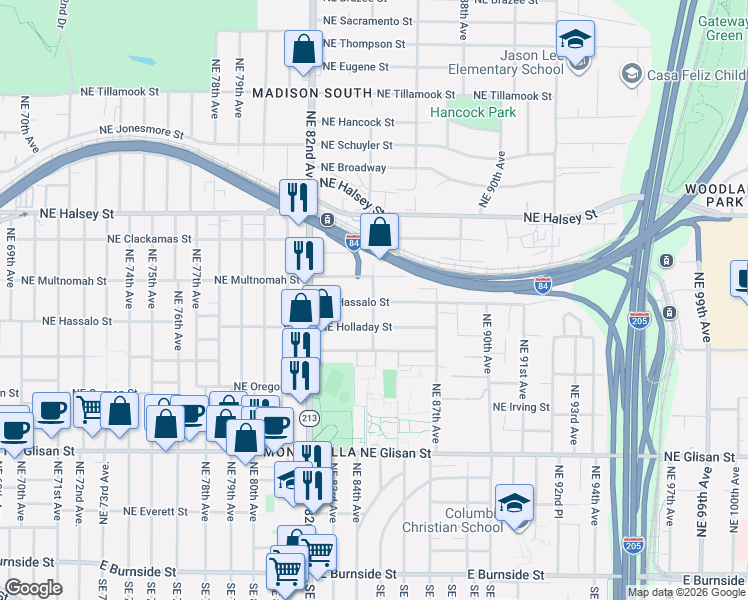 map of restaurants, bars, coffee shops, grocery stores, and more near 8333 Northeast Hassalo Street in Portland