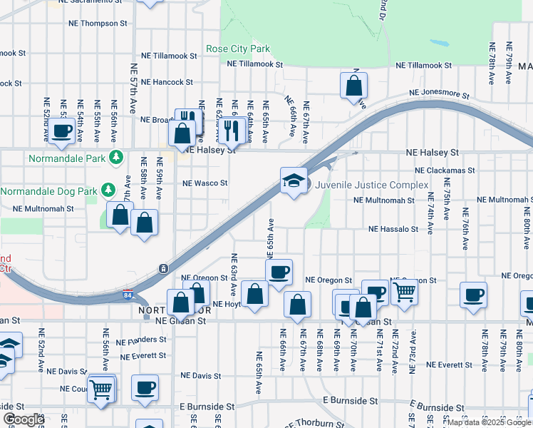 map of restaurants, bars, coffee shops, grocery stores, and more near 1169 Northeast 65th Avenue in Portland