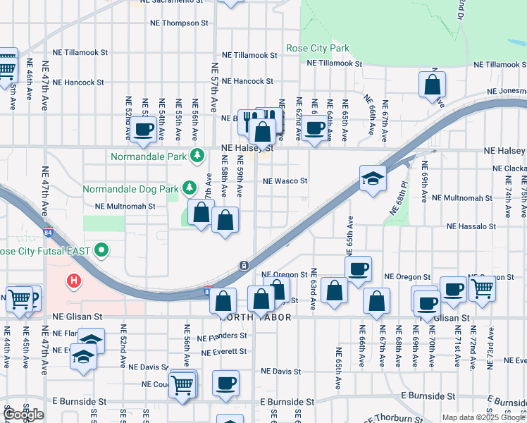 map of restaurants, bars, coffee shops, grocery stores, and more near 6116-6118 Northeast Hassalo Street in Portland