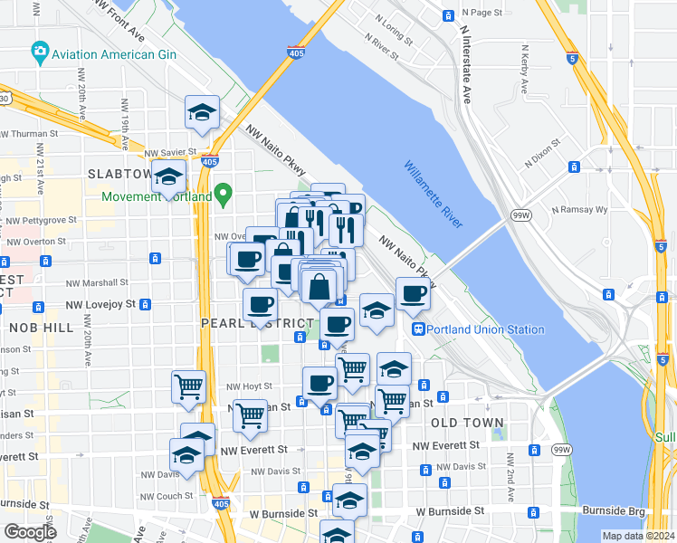 map of restaurants, bars, coffee shops, grocery stores, and more near 1075 Northwest 9th Avenue in Portland