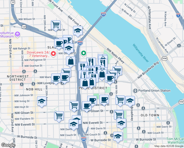 map of restaurants, bars, coffee shops, grocery stores, and more near 1420 Northwest Lovejoy Street in Portland