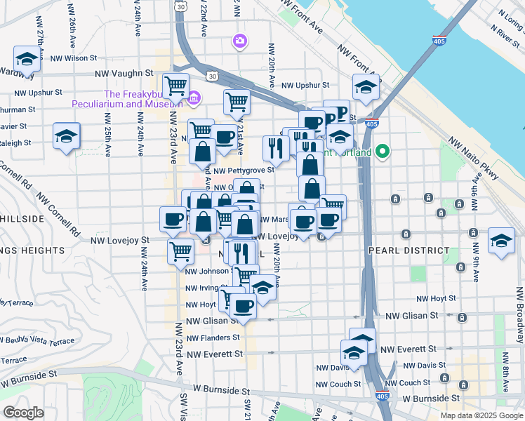 map of restaurants, bars, coffee shops, grocery stores, and more near in Portland