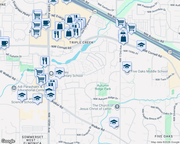 map of restaurants, bars, coffee shops, grocery stores, and more near 17820 Northwest Lakeway Court in Beaverton