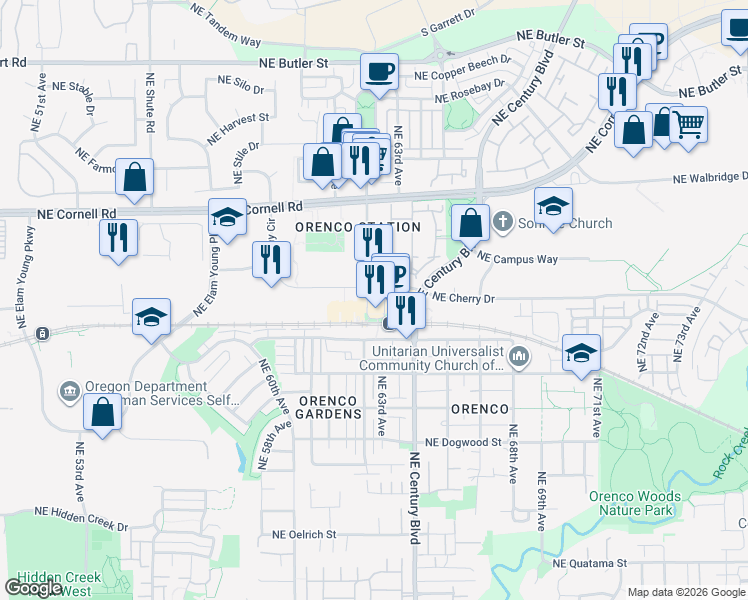 map of restaurants, bars, coffee shops, grocery stores, and more near in Hillsboro