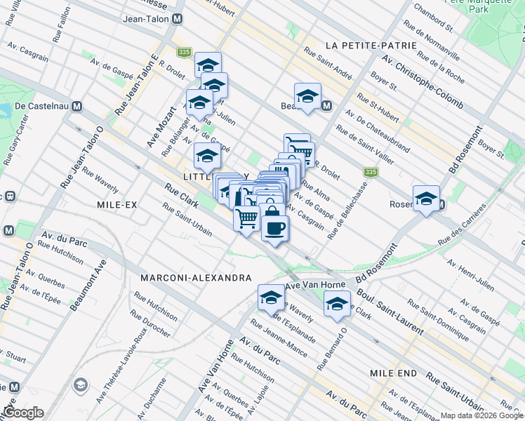 map of restaurants, bars, coffee shops, grocery stores, and more near 6514 Rue Saint Dominique in Montréal
