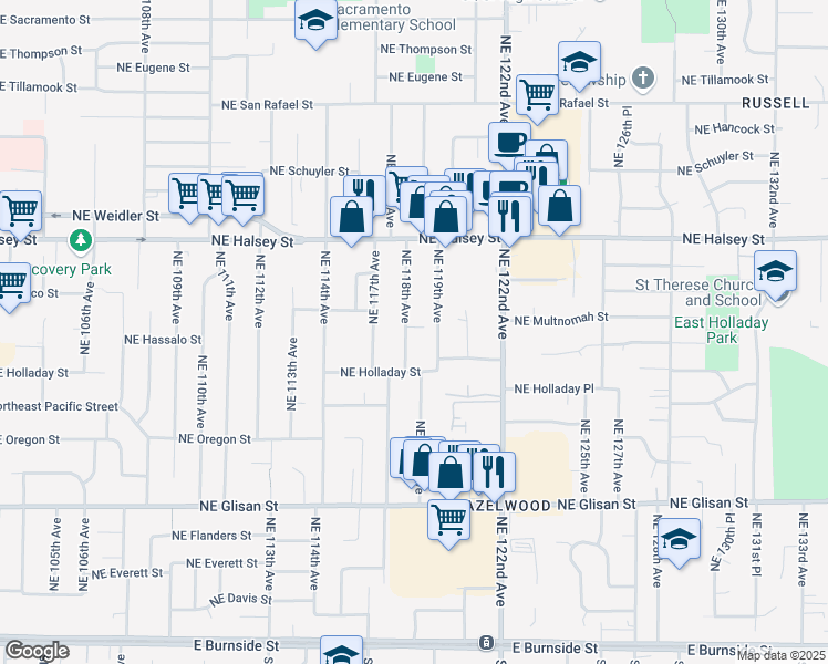 map of restaurants, bars, coffee shops, grocery stores, and more near 1126 Northeast 118th Avenue in Portland