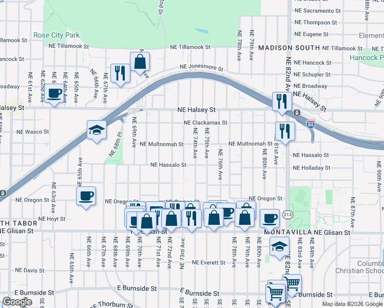 map of restaurants, bars, coffee shops, grocery stores, and more near 1144 Northeast 73rd Avenue in Portland