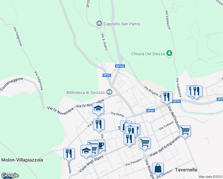 map of restaurants, bars, coffee shops, grocery stores, and more near 22 Via San Michele in Sovizzo