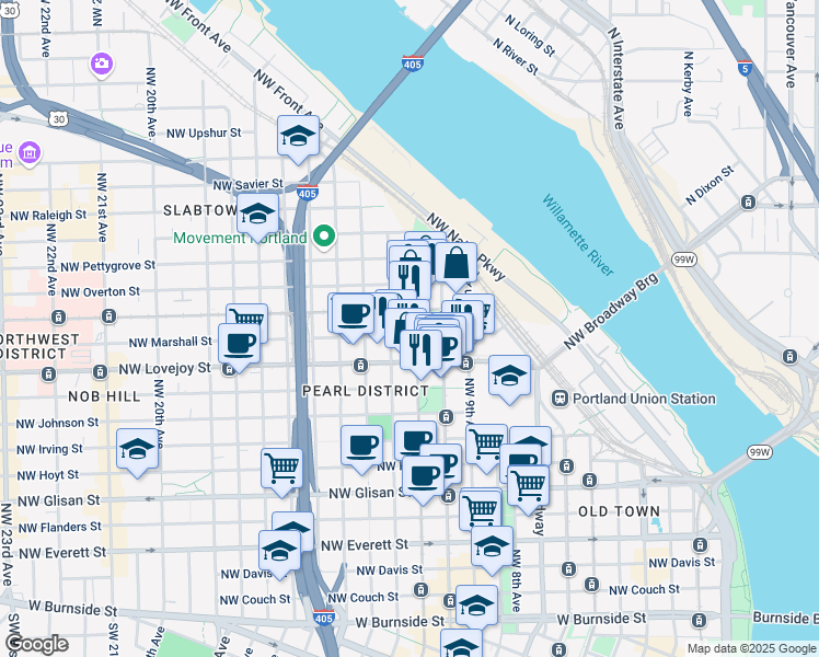 map of restaurants, bars, coffee shops, grocery stores, and more near in Portland