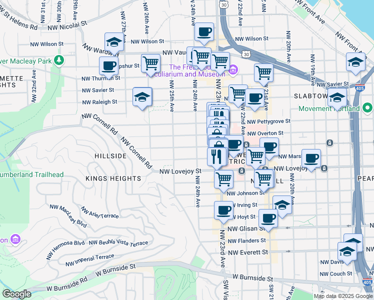 map of restaurants, bars, coffee shops, grocery stores, and more near 2432 Northwest Northrup Street in Portland