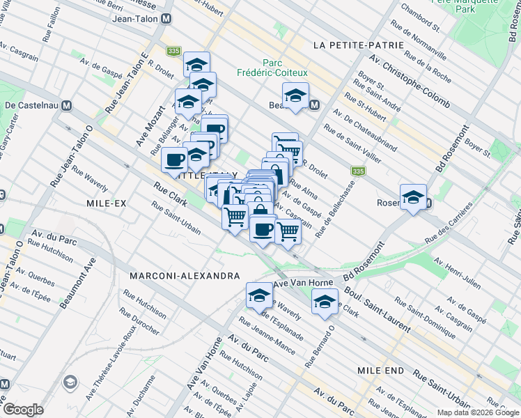 map of restaurants, bars, coffee shops, grocery stores, and more near 51 Rue Beaubien Est in Montréal