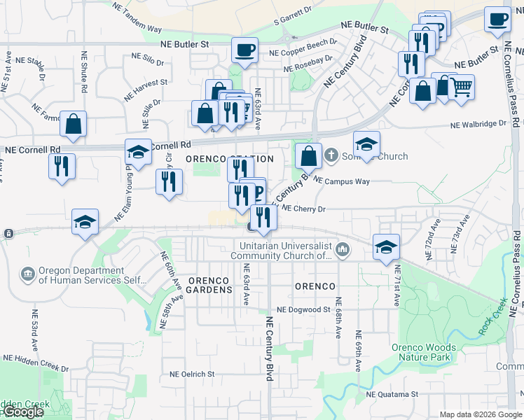 map of restaurants, bars, coffee shops, grocery stores, and more near 6380 Northeast Cherry Drive in Hillsboro